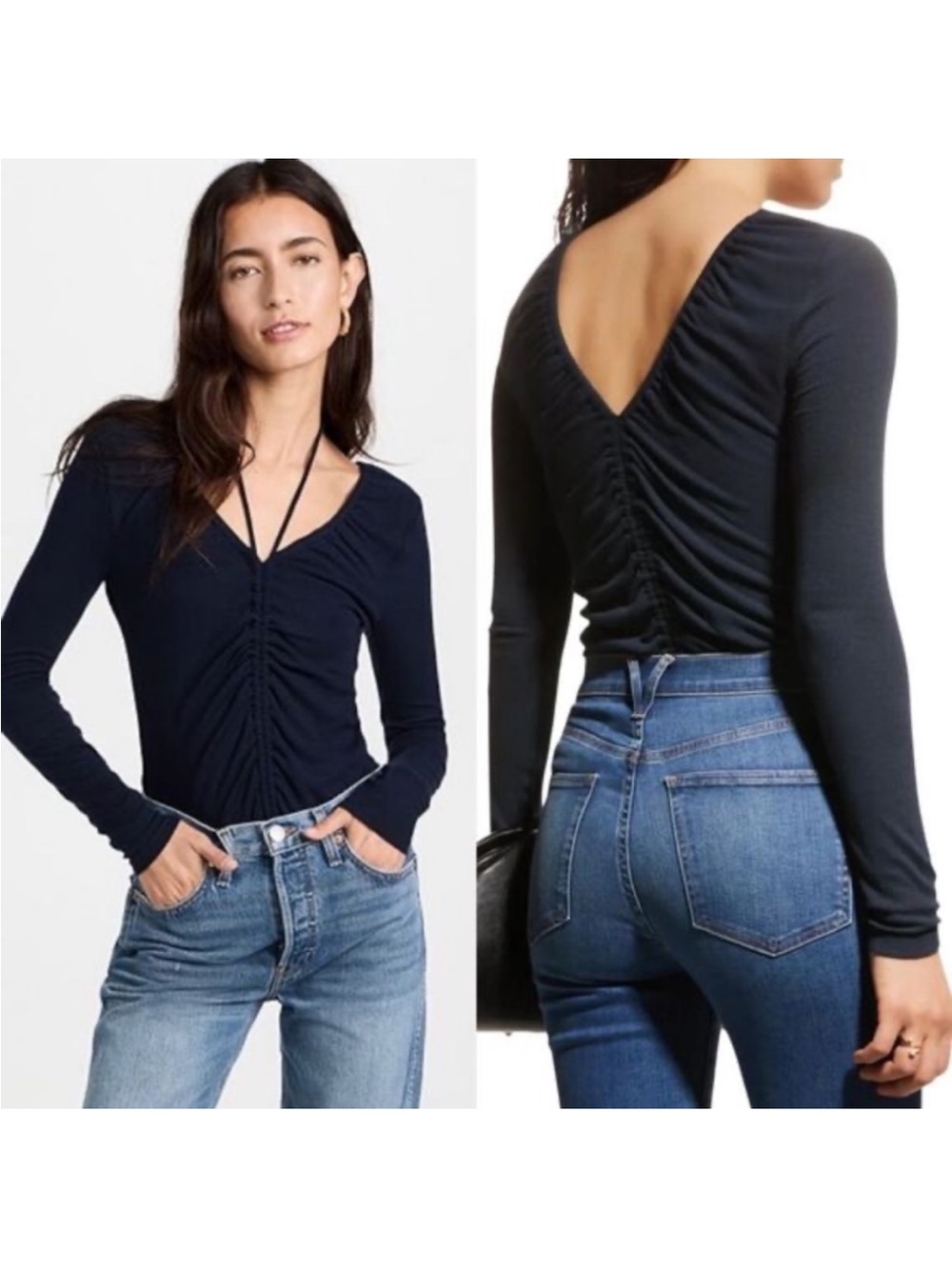 Veronica Beard Deep V Back Ruched Long Sleeve Top in Navy